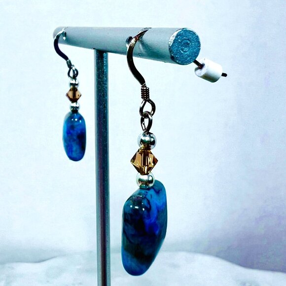 Silver 925 Dangle Earrings OOAK  .5" Sq Blue Brown Jadeite Bead Silver Accents - Picture 4 of 6